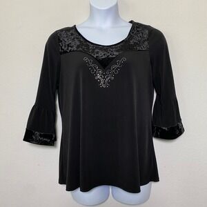 Belah & Codey Black Velvet Rhinestone Accent Womens XL Top Bell Sleeve Goth Dark